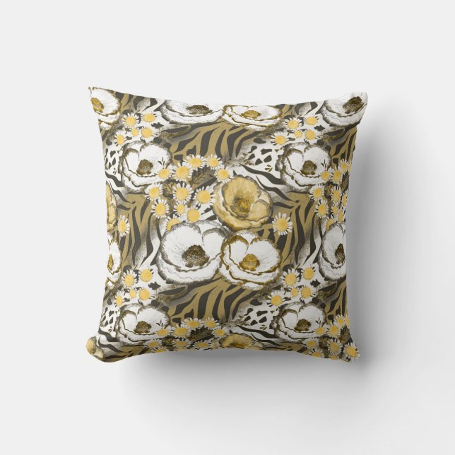 Yellow, white flowers on a tiger background  throw pillow (Front)