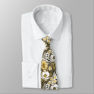 Yellow, white flowers on a tiger background  tie
