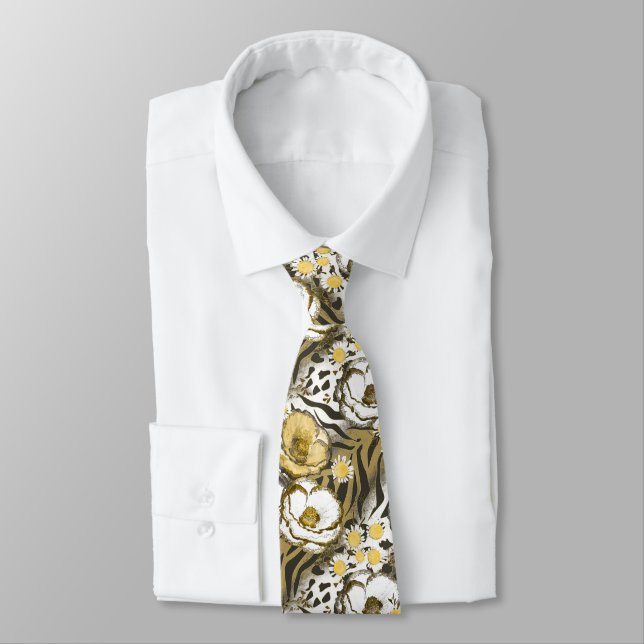 Yellow, white flowers on a tiger background  tie (Tied)
