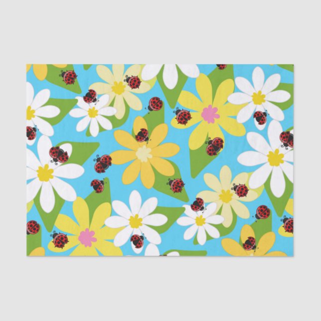 Yellow White Flowers Red Ladybug Beetle Tissue Paper (Front)