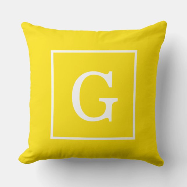 Yellow White Framed Initial Monogram Throw Pillow (Front)
