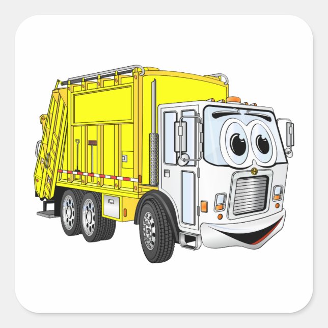 Yellow White Garbage Truck Cartoon Square Sticker (Front)