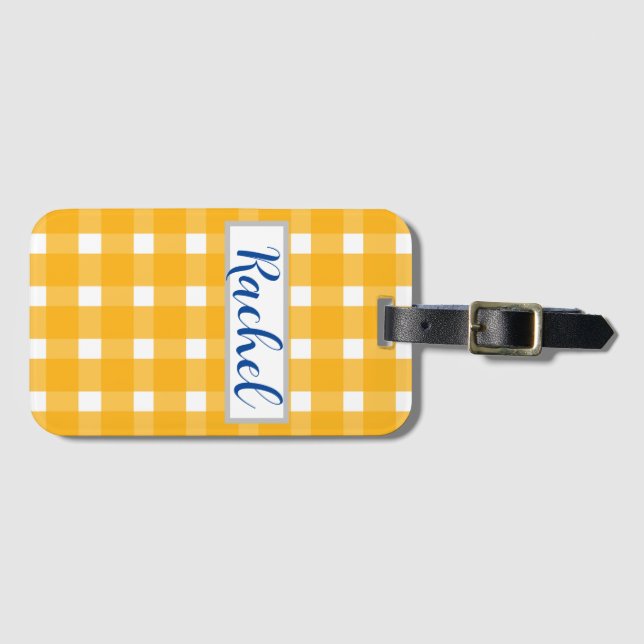 Yellow White Gingham Personalized  Luggage Tag (Front Horizontal)