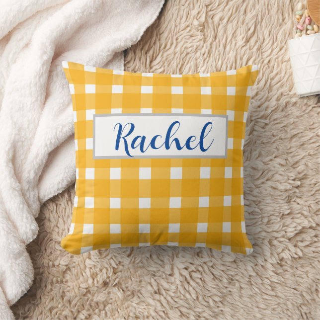 Yellow White Gingham Personalized Throw Pillow (Blanket)