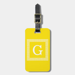 Yellow White Greek Key Frame #1 Initial Monogram Luggage Tag