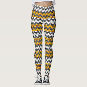 Yellow White Grey Chevron Pattern Burlap Look Leggings