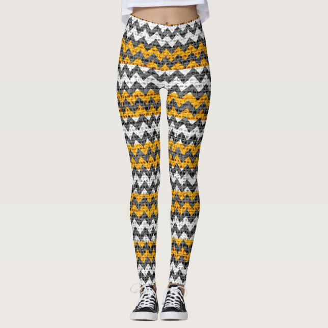 Yellow White Grey Chevron Pattern Burlap Look Leggings (Front)