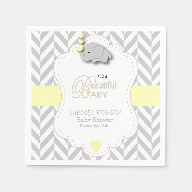 Yellow, White Grey Elephant Baby Shower Napkin (Front)