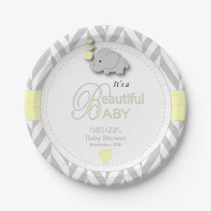 Yellow, White Grey Elephant Baby Shower Paper Plate