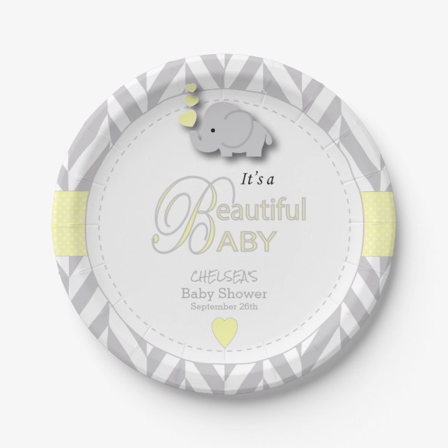 Yellow, White Grey Elephant Baby Shower Paper Plate (Front)