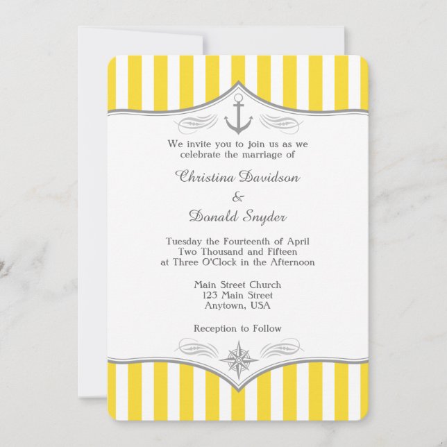 Yellow White Grey Nautical Wedding Invitation (Front)