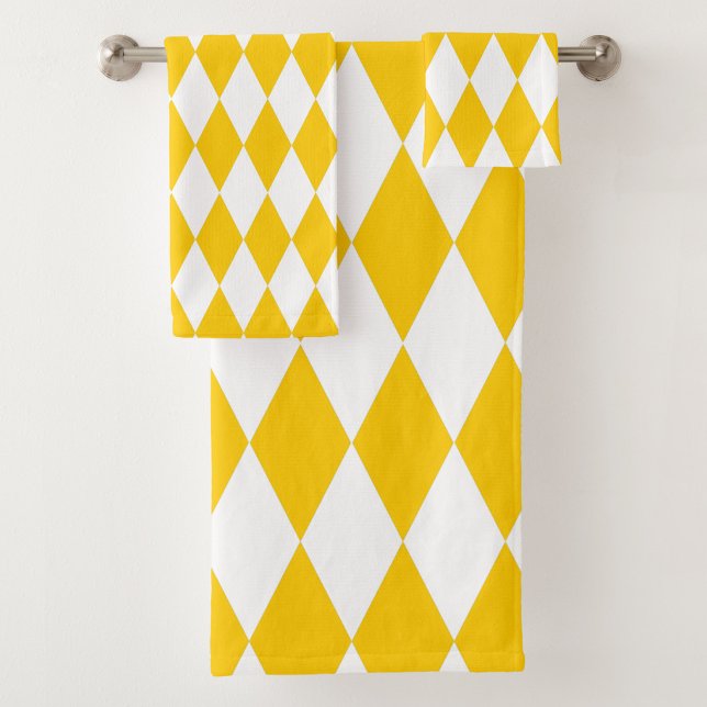 Yellow White Harlequin Diamonds Checkers Design  Bath Towel Set (Creator Uploaded)