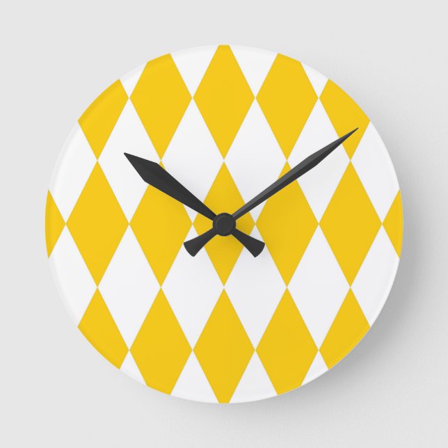 Yellow White Harlequin Diamonds Checkers Design  Round Clock (Front)
