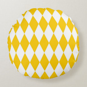 Yellow White Harlequin Diamonds Checkers Design  Round Pillow