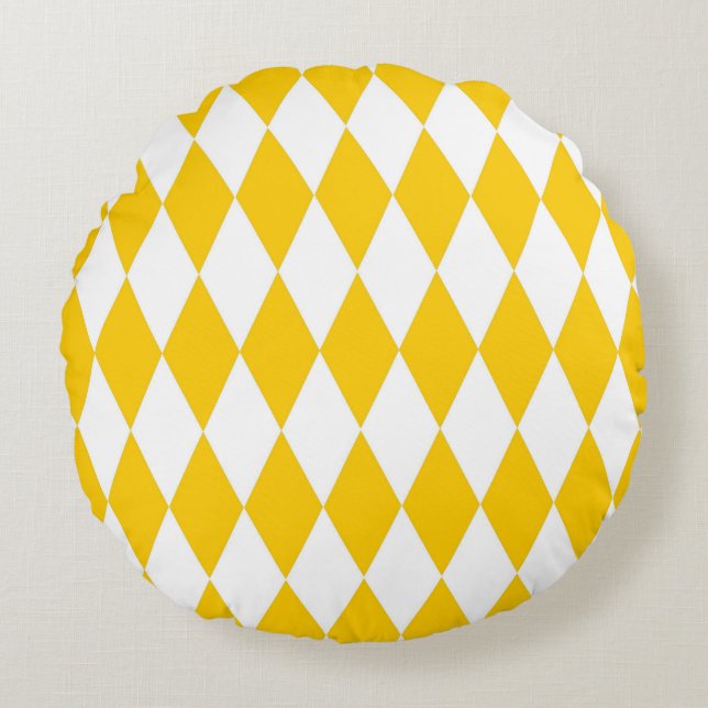 Yellow White Harlequin Diamonds Checkers Design  Round Pillow (Front)