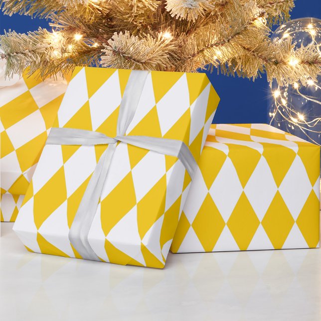 Yellow White Harlequin Diamonds Checkers Design  Wrapping Paper (Creator Uploaded)