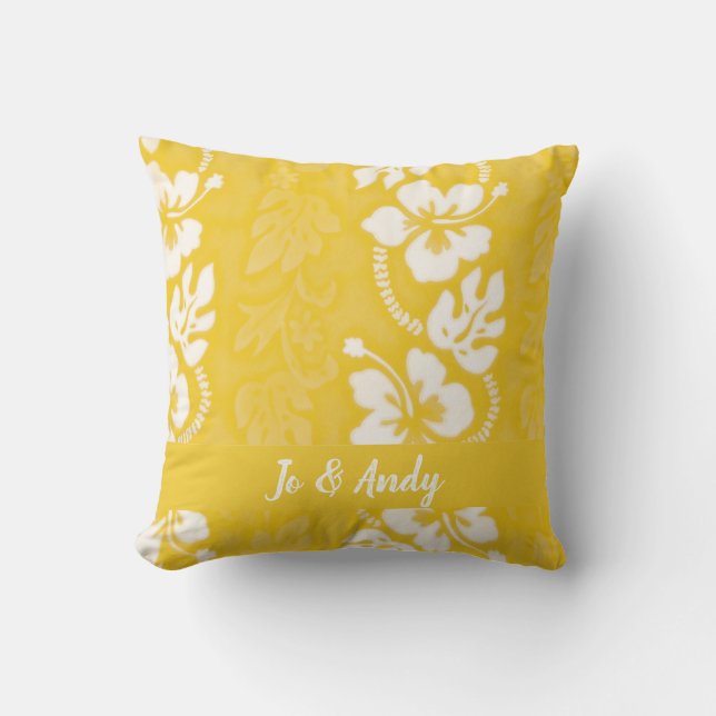 Yellow White Hawaiian Hibiscus Flower Pattern Throw Pillow (Front)