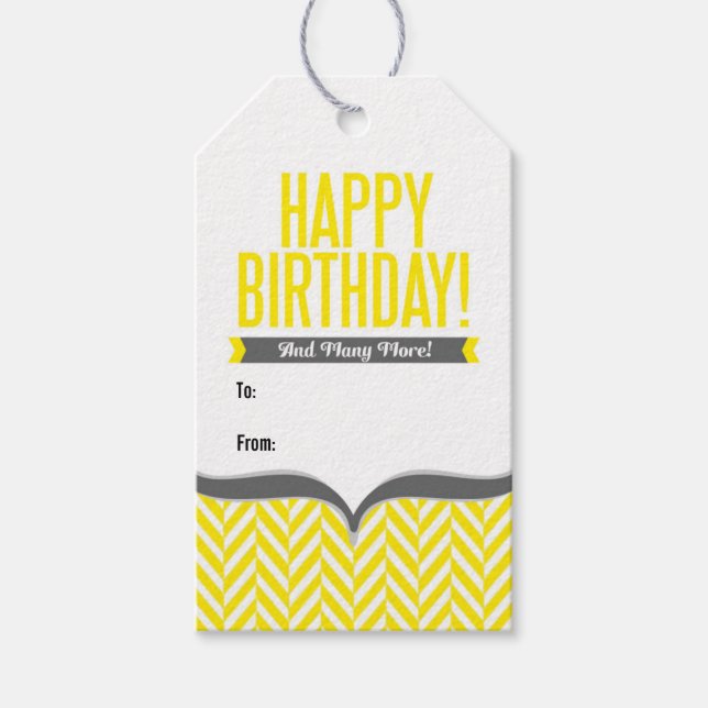 Yellow White Herringbone Birthday Gift Tags (Front)