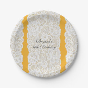 Yellow & White Lace Bright Elegant Rustic Party Paper Plate