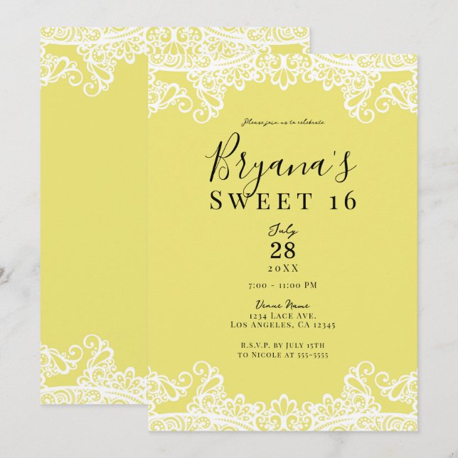 Yellow & White Lace Elegant Sweet 16 Party   Invitation (Front/Back)