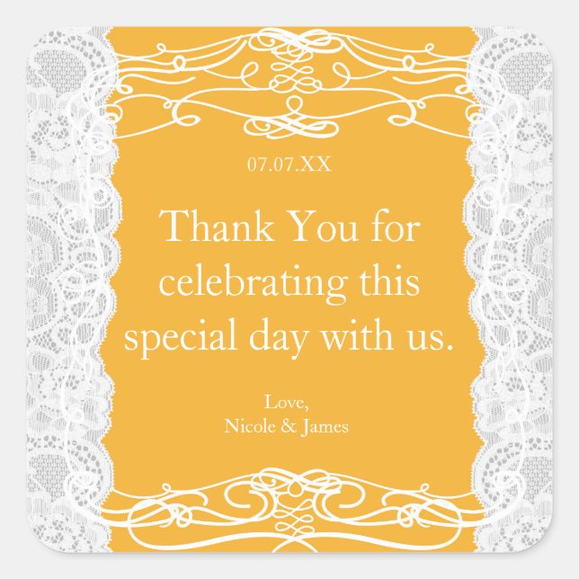 Yellow & White Lace Elegant Wedding Favour Sticker (Front)