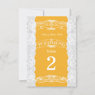 Yellow & White Lace Wedding Table Number Cards