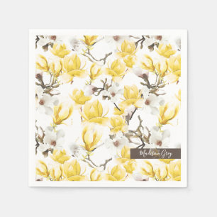 Yellow & White Magnolia Blossom Watercolor Pattern Napkin