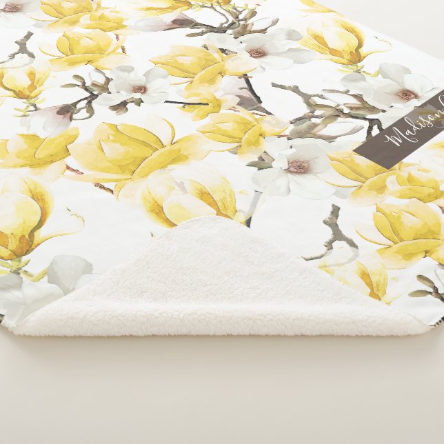 Yellow & White Magnolia Blossom Watercolor Pattern Sherpa Blanket (3/4)