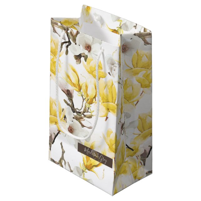 Yellow & White Magnolia Blossom Watercolor Pattern Small Gift Bag (Front Angled)