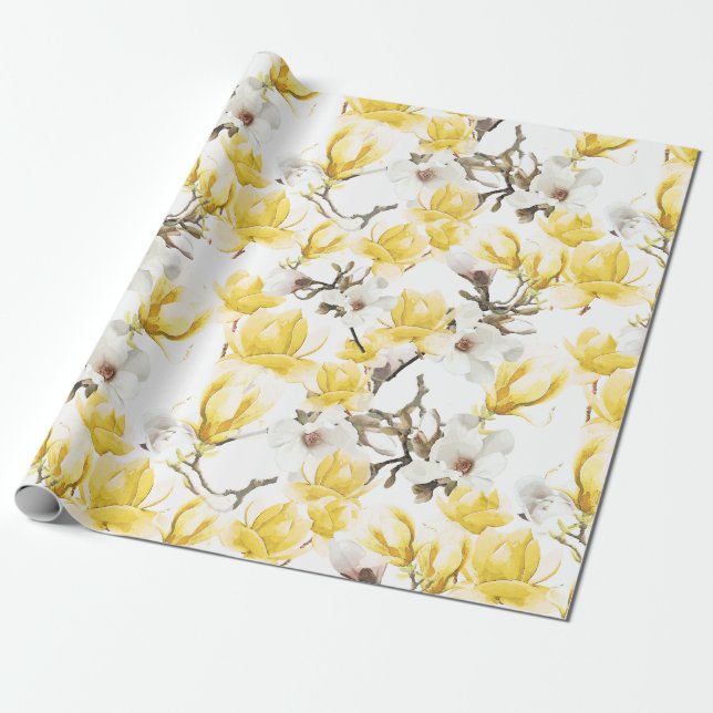 Yellow & White Magnolia Blossom Watercolor Pattern Wrapping Paper (Unrolled)