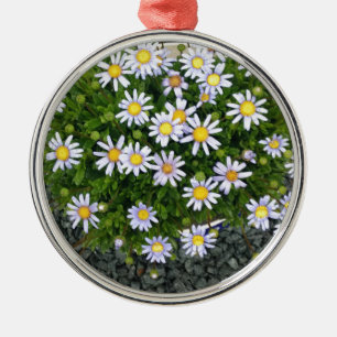 Yellow White Margarita Flowers with Grey Pebbles Metal Ornament