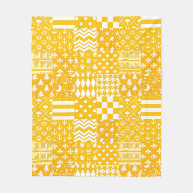 Yellow White Mixed Patterns Patchwork Design  Fleece Blanket (Front)