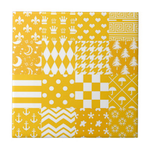 Yellow White Mixed Patterns Patchwork Design Tile