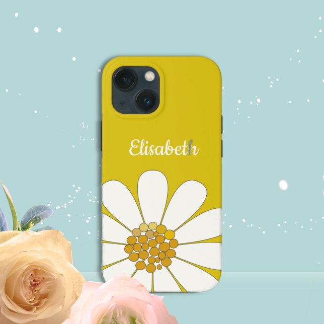 Yellow White Modern Daisy Flower Personalize Name  Case-Mate iPhone Case (Creator Uploaded)