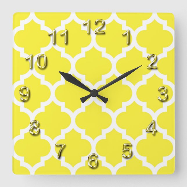 Yellow White Moroccan Quatrefoil Pattern #5 Square Wall Clock (Front)