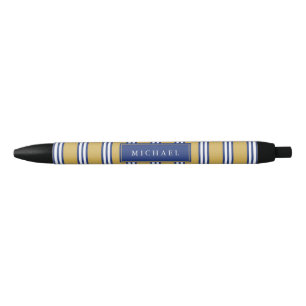 Yellow White & Navy Blue Stripes   Custom Name Black Ink Pen