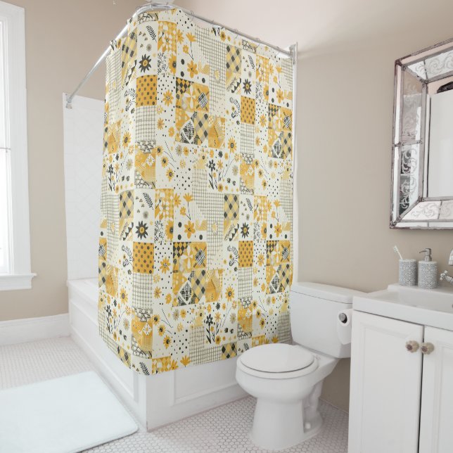 Yellow White Patchwork Quilt Rustic Floral Retro  (In Situ)