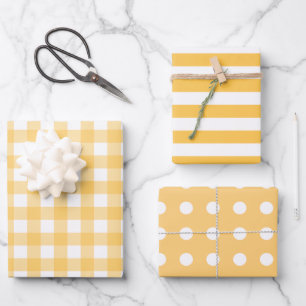 Yellow White Patterns Gingham Dots Striped Wrapping Paper Sheet
