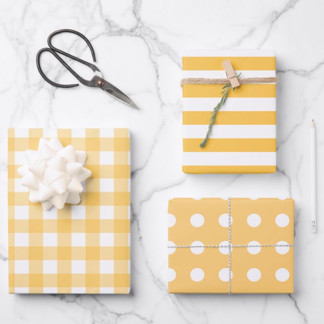 Yellow White Patterns Gingham Dots Striped  Wrapping Paper Sheet (Front)