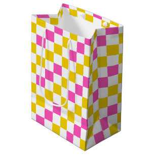 Yellow White Pink Chequered Design  Medium Gift Bag