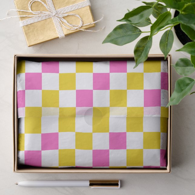 Yellow White Pink Chequered Design  Tissue Paper (Gift)