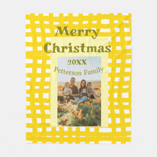 Yellow white plaid retro Christmas holiday family Fleece Blanket