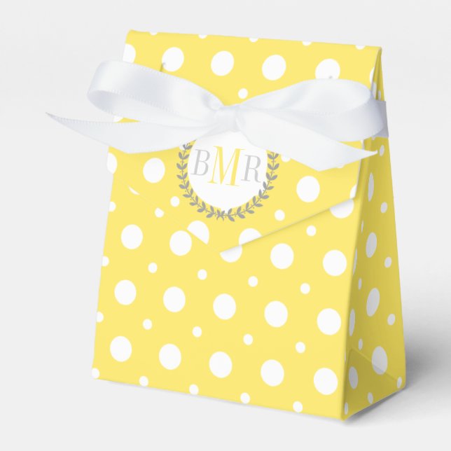 Yellow, white polka dot pattern monogram wedding favor box (Front Side)