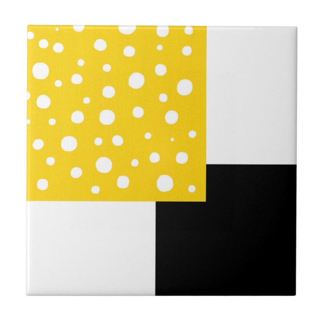 Yellow White Polka Dots Black & White Geometric Tile (Front)