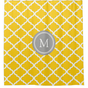 Yellow White Quatrefoil Monogram Shower Curtain