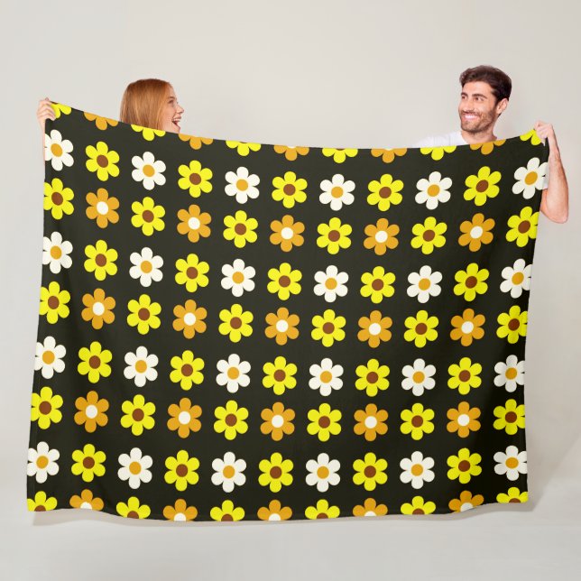 yellow white retro spring floral pattern fleece blanket (In Situ)