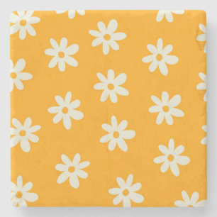 Yellow White Retro Y2K Flower Pattern Stone Coaster