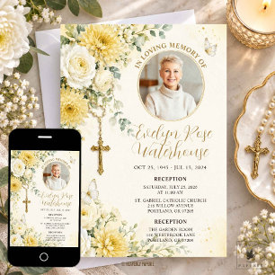 Yellow White Roses Floral Catholic Funeral Photo Invitation