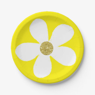 Yellow  White Simple Daisy Gold Paper Plate