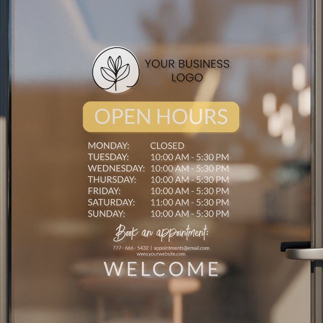 Yellow & White Small Business Logo Open Hours Window Cling (Creator Uploaded)